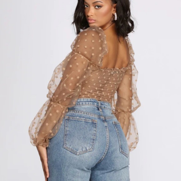 Women’s Nude Polka Dot Sheer Puff Sleeve Top - Picture 2 of 9